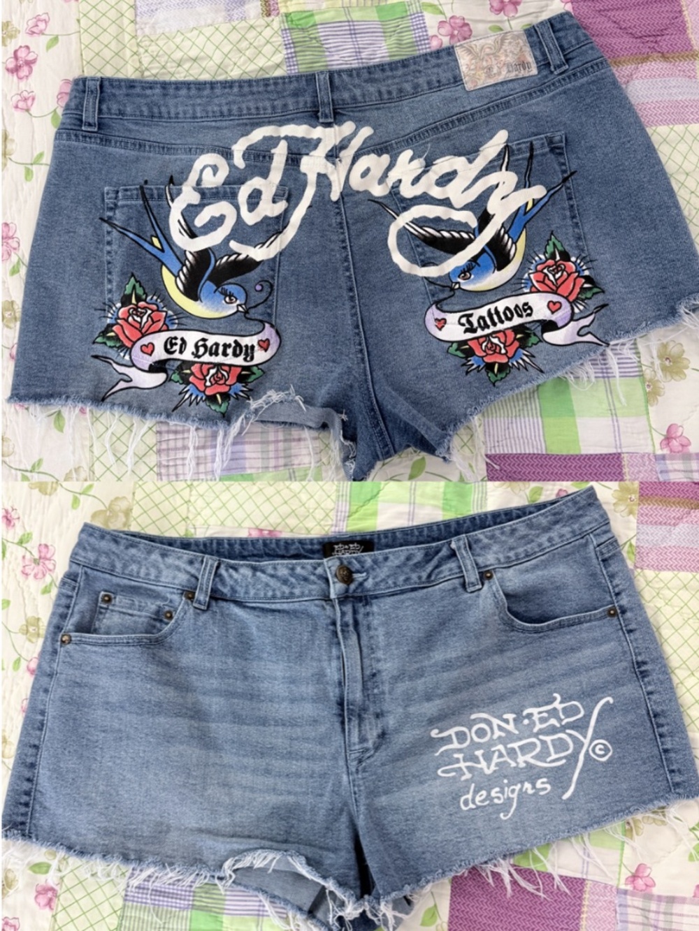 Ed Hardy Born Free Blue Bird Tattoo Graphic Cutoff Jean Shorts 18W